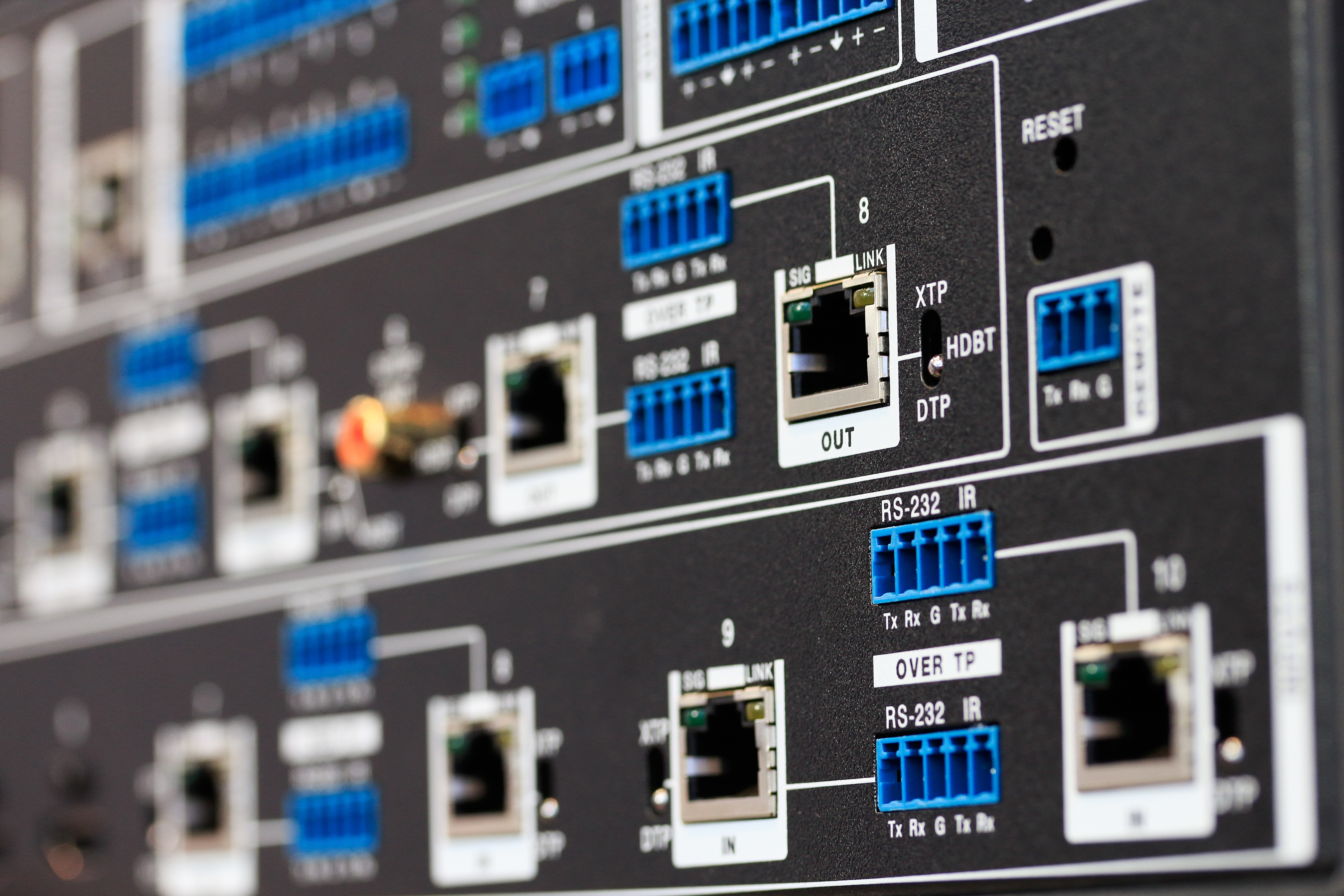 Close up of rear panel of HDBaseT equipment_Selective focus